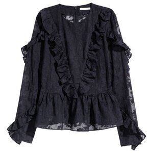 H&M black lace ruffled jacquard long sleeve cotton feminine peplum blouse, sz 14